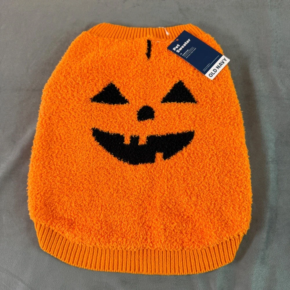 Old Navy Pet Sweater M Orange Jack-O-Lantern Pumpkin Halloween Spooky Fall